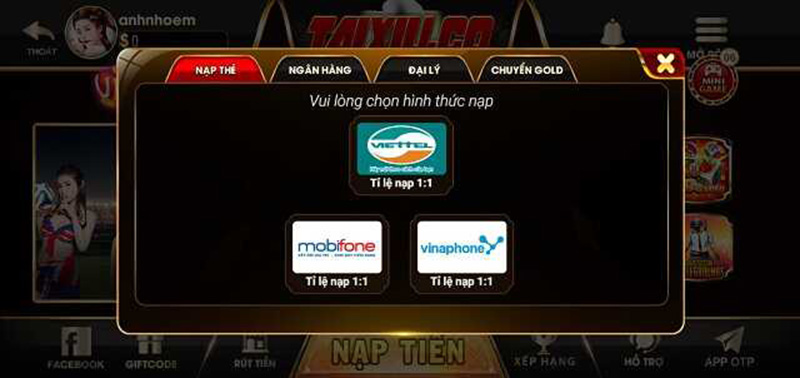 Hướng dẫn cách nạp tiền vào Taixiu co
