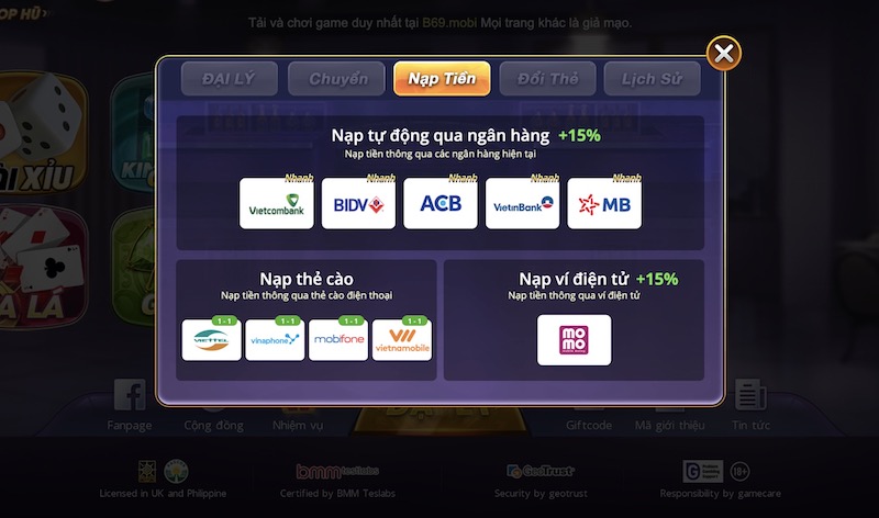 Hướng dẫn các bước nạp tiền B69