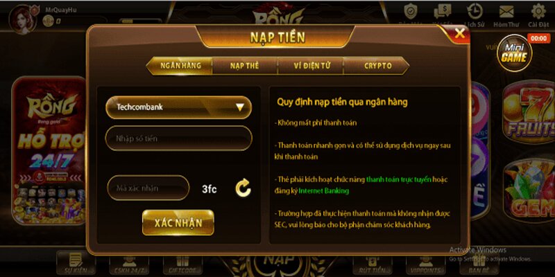 Thao tác nạp tiền tham gia cổng game Rong Gold