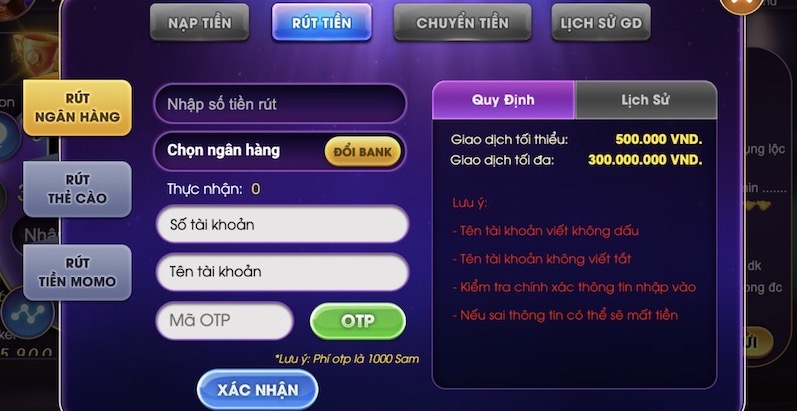 Hướng dẫn rút tiền Sam86